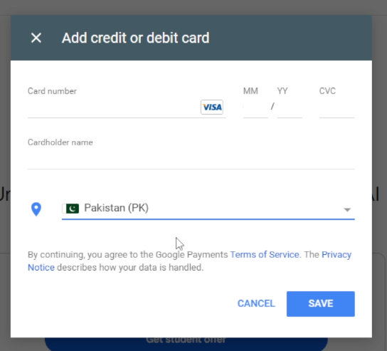 card details for student Gemini AI